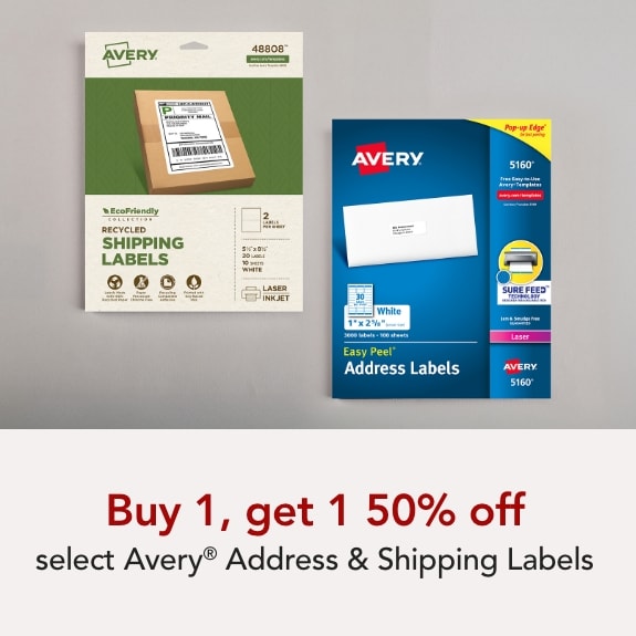 Buy 1 get 1 50% off select Avery Shipping & Address Labels.