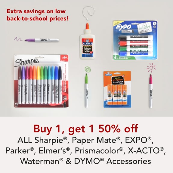 Buy 1 Get 1 50% off Sharpie, Papermate, EXPO, Elmers, Prismacolor, Parker, Waterman, Dymo Accessories & X-ACTO®