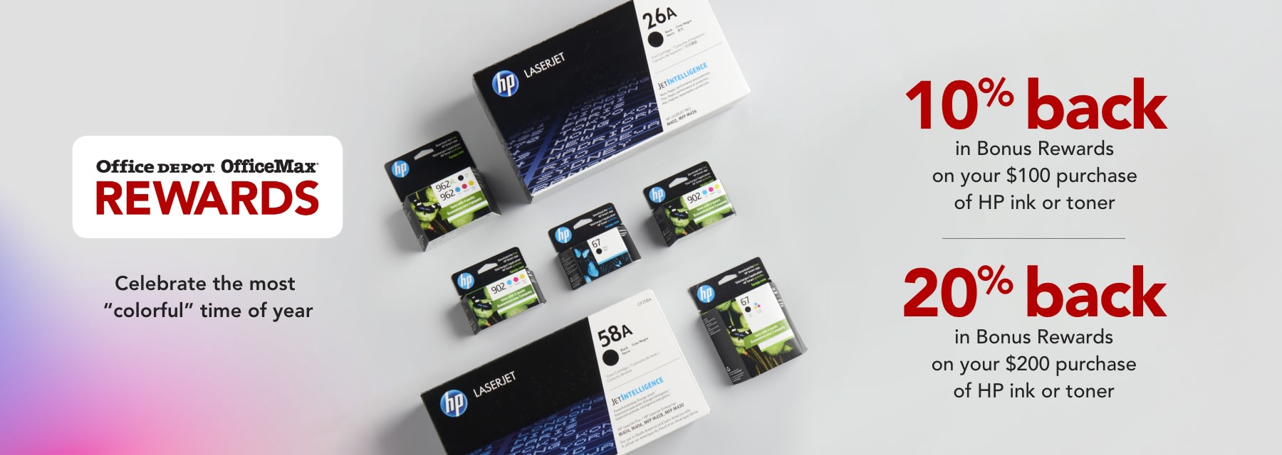 10% Back in Bonus Rewards on $100 worth of HP Ink & toner  -  20% Back in Bonus Rewards on $200 of HP Ink & Toner.