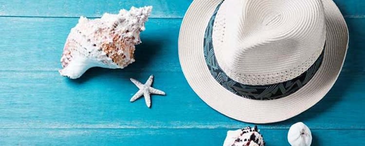 Seashells scatter around a tropical hat.