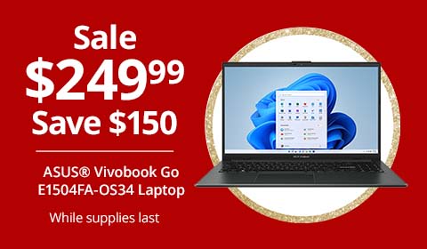 Save $150 ASUS® Vivobook Go E1504FA-OS34 Laptop, 15.6", AMD Ryzen 3, 8GB Memory, 256GB SSD