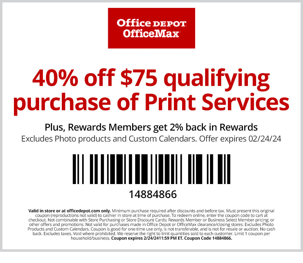40% off $75 qualifying purchase of Print Services (excludes Photo products and Custom Calendars)