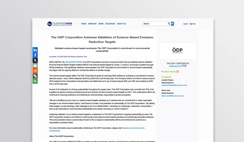 Achieving validation of science-based emission reduction targets  Learn why The ODP Corporation has been recognized by the Science Based Targets initiative for its science-based targets for greenhouse gas emissions.