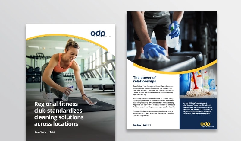 Standardizing solutions for a fitness club Read how ODP Business Solutions equipped a regional fitness club with key supplies so they could standardize cleaning solutions across all their locations.
