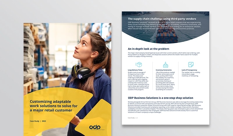 Customizing adaptable work solutions for a major retailer  Find out how ODP Business Solutions helped a national home improvement retailer streamline their operations and helped improve business practices.