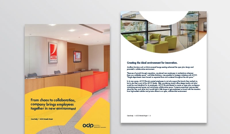 Bringing employees together in a new environment  Learn how ODP Business Solutions® Workspace Interiors helped ACCO furnish its new HQ to help unify its brands and encourage collaboration among 450 employees.
