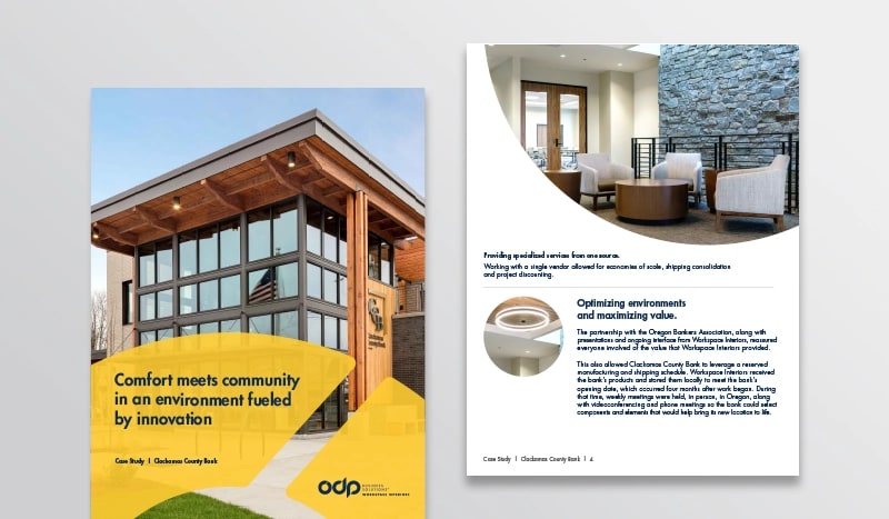 Bringing comfort, community, and innovation together  Learn how ODP Business Solutions® Workspace Interiors helped create a new facility for Clackamas County Bank, which was built to suit on purchased land.