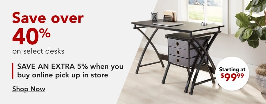 Save over 40% on select desks, file cabinets, and bookcases