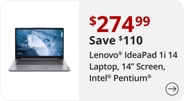 Lenovo® IdeaPad 1i 14 Laptop, 14" Screen, Intel® Pentium®, AI Enabled, 4GB Memory, 128GB eMMC Storage, Wi-Fi 6, Windows® 11, 82LV003WUS