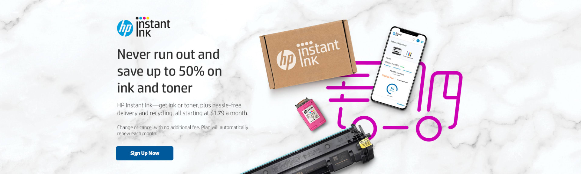 Never run out and save up to 50% on ink and toner