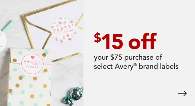 $15 off your $75 purchase of select Avery Labels.