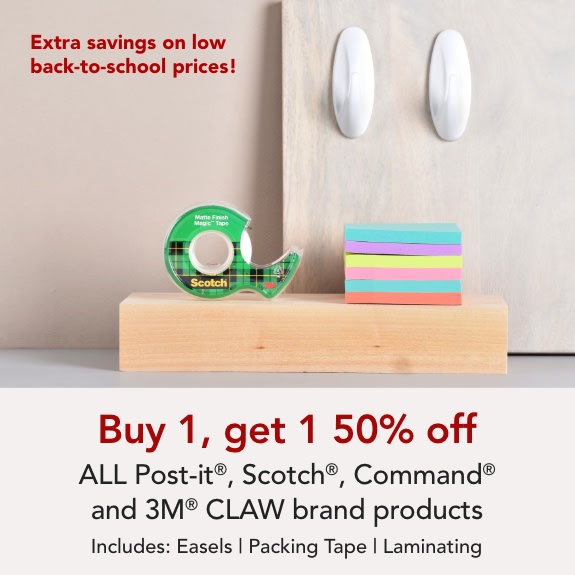 Buy one get one 50% off ALL Scotch, Post-it & Command and 3M claw brand products