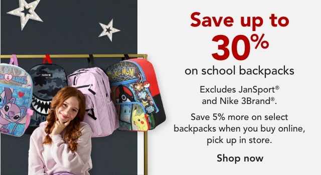 Save up to 30% on School Backpacks. (EXCLUDING JANSPORT & NIKE 3BRAND)