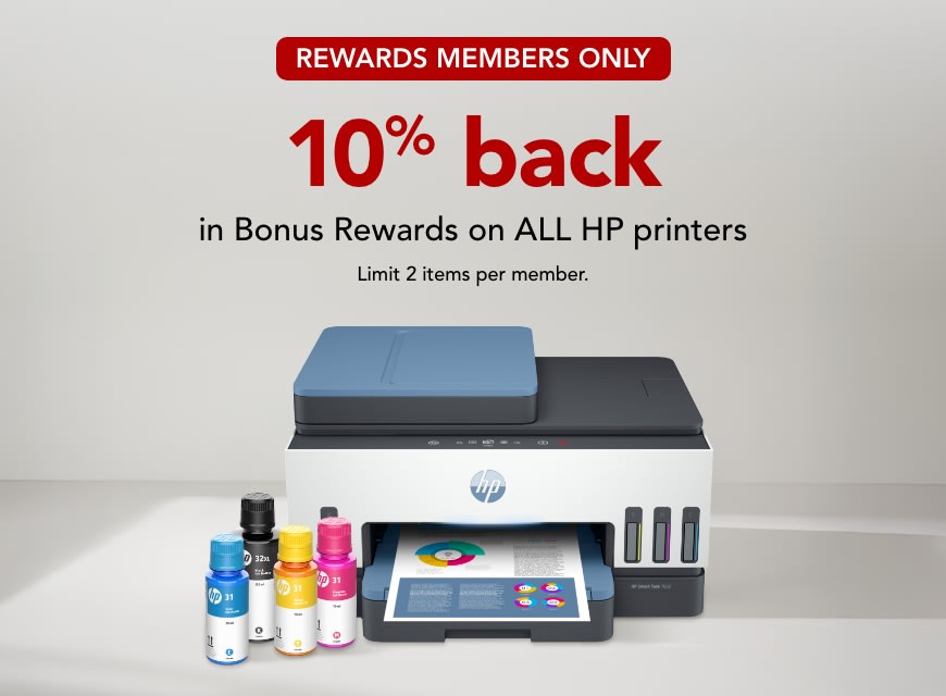 Rewards Members get 10% back in Bonus Rewards on ALL HP Printers.