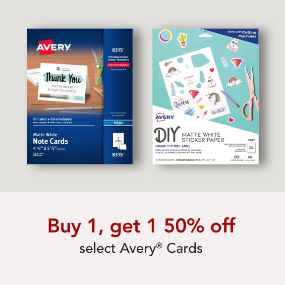 Buy 1 get 1 50% off select Avery Cards