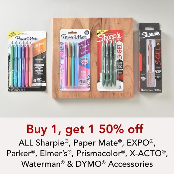 Buy 1 Get 1 50% off Sharpie, Papermate, EXPO, Elmers, Prismacolor, Parker, Waterman, Dymo Accessories & X-ACTO®