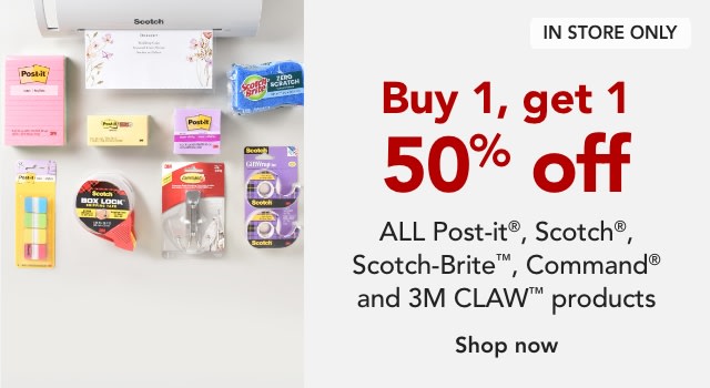 Buy One, Get One 50% off all 3M Products (Scotch, Command, Post-it)