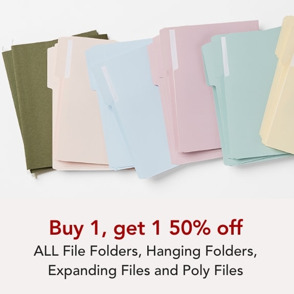 Buy 1 Get 1 50% off File Folders, Expanding Files, Hanging File Folders, Poly Filing.