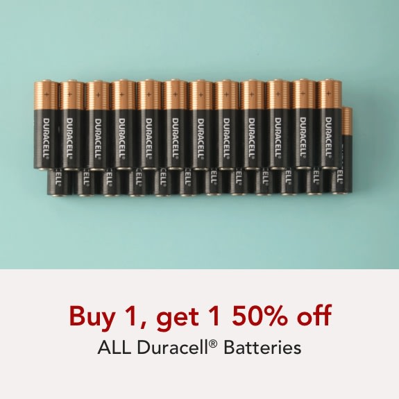 Buy 1 get 1 50% off ALL Duracell Batteries.