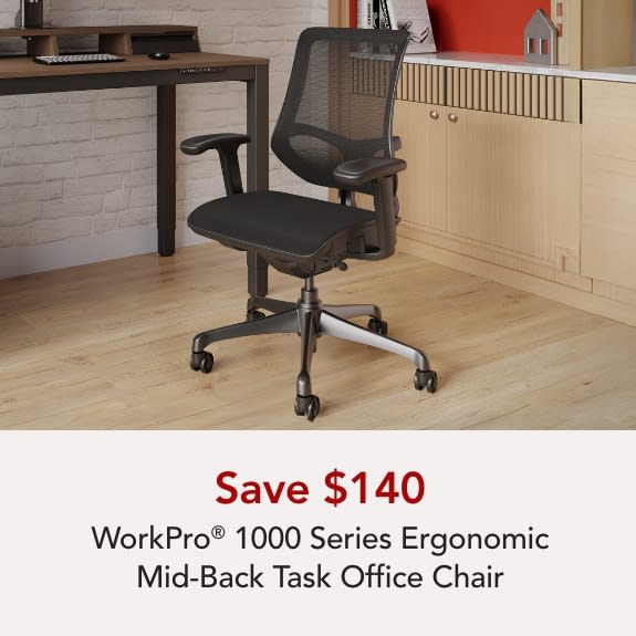WorkPro® 1000 Series Ergonomic Mesh/Mesh Mid-Back Task Office Chair, Black/Black, BIFMA Compliant
