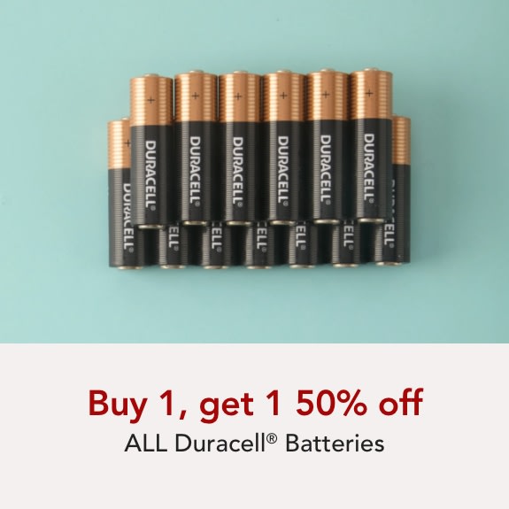 Buy 1 get 1 50% off ALL Duracell Batteries.