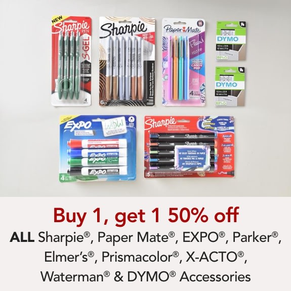 Buy 1 Get 1 50% off Sharpie, Papermate, EXPO, Elmers, Prismacolor, Parker, Waterman, Dymo Accessories & X-ACTO®