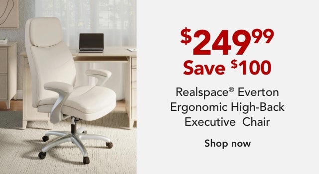 Realspace® Everton Ergonomic Vegan Leather High-Back Executive Chair with Flip-Up Armrests, Beige/Silver, BIFMA Compliant