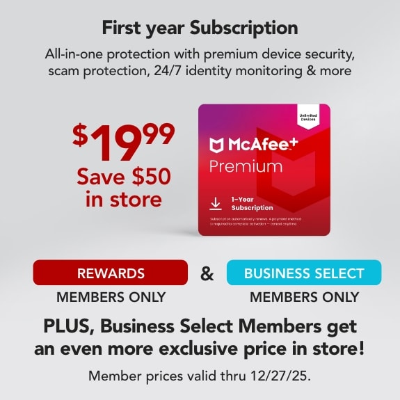 McAfee first year subscription $19.99 in store only