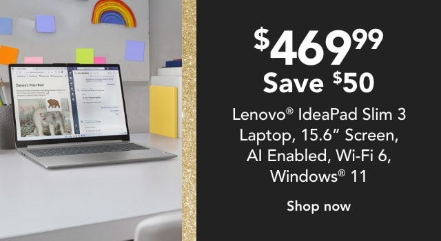 Lenovo IdeaPad Slim 3 Laptop, 15.6” Screen, AMD Ryzen 3, AI Enabled, 8GB Memory, 512GB Solid State Drive, Wi-Fi 6, Windows® 11