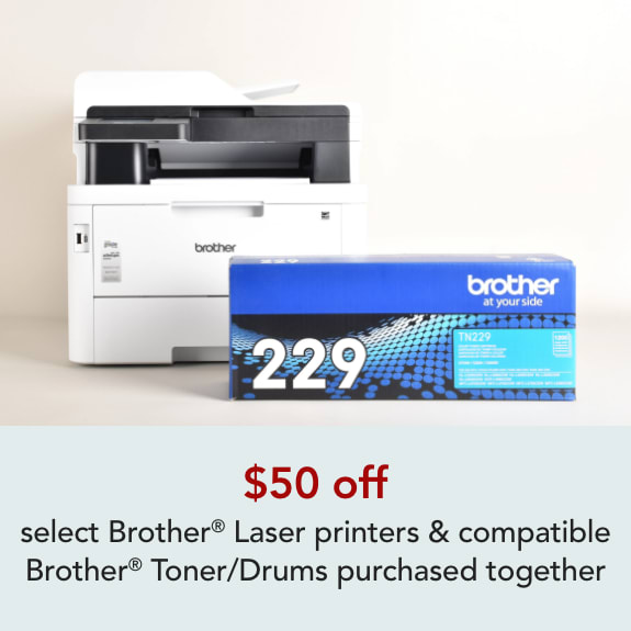Brother Bundle Offer - Get $50 off when you purchase any Brother Laser Printer plus any compatible Brother toner/drum in the same transaction.
