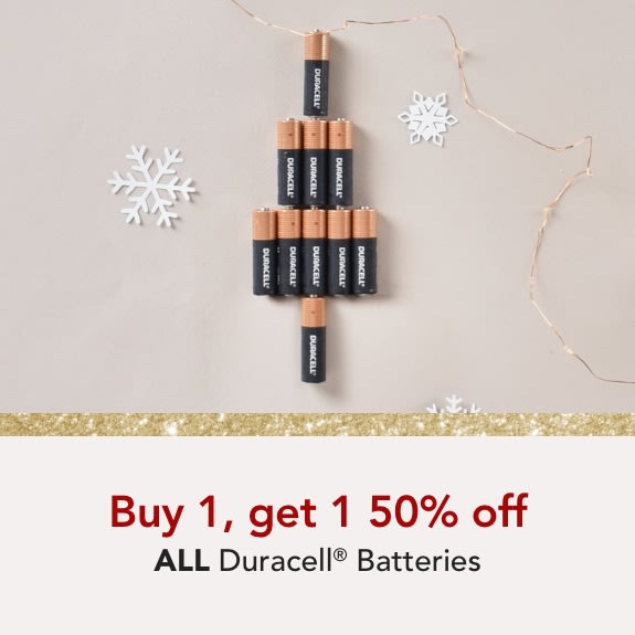 Buy 1 get 1 50% off ALL Duracell Batteries. Apply coupon code at checkout: BOGODURACELL50 Mix or match of equal or lesser value. Limit 6 per household/business