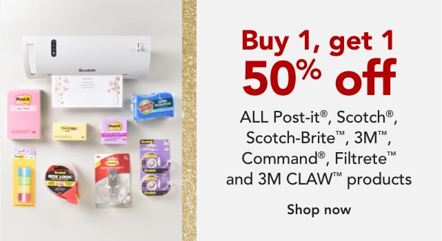 Buy One, Get One 50% off all 3M Products (Scotch, Command, Post-it)