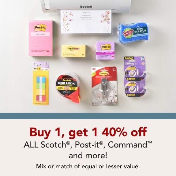 Buy 1 get 1 40% off Post-It, Scotch, Scotch-Brite, 3M, Command, Fiterete and 3M Claw brand products