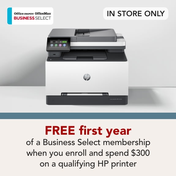  In store only-Free first year of a Business Select membership when you enroll and spend $300 on a qualifying HP printer