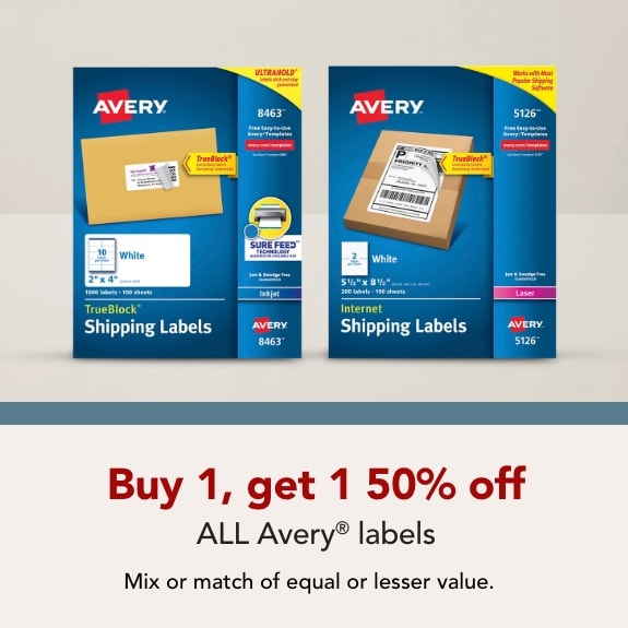 Buy 1 get 1 50% off ALL Avery Labels. Apply coupon code at checkout: BOGOAVERY Mix or match of equal or lesser value. Coupon expires 2/21/26.