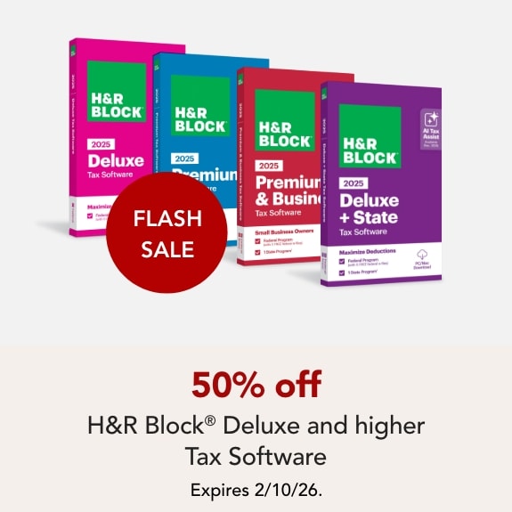 Flash Sale - 50% off H&R Block Deluxe and higher. Expires 2/10/26.