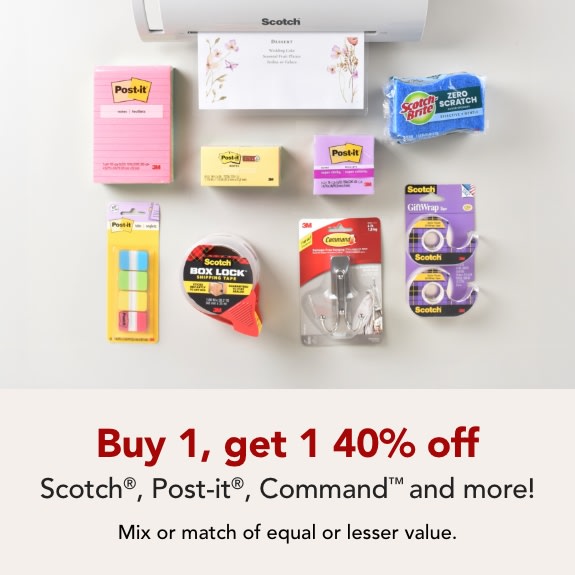 Buy 1 get 1 40% off Post-It, Scotch, Scotch-Brite, 3M, Command, Fiterete and 3M Claw brand products.