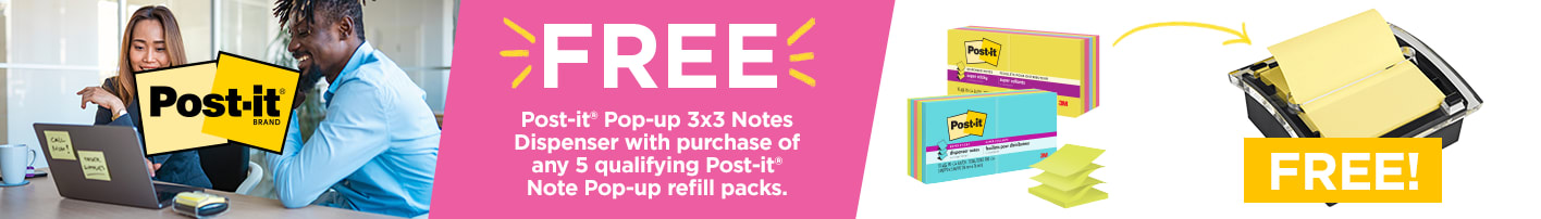 FREE Post It Pop-up 3x3 Notes Dispenser with purchase of any 5 qualifying Post-it Note Pop-up refill packs.