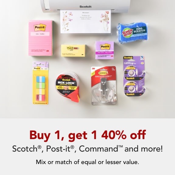 Buy 1 get 1 40% off Post-It, Scotch, Scotch-Brite, 3M, Command, Fiterete and 3M Claw brand products 