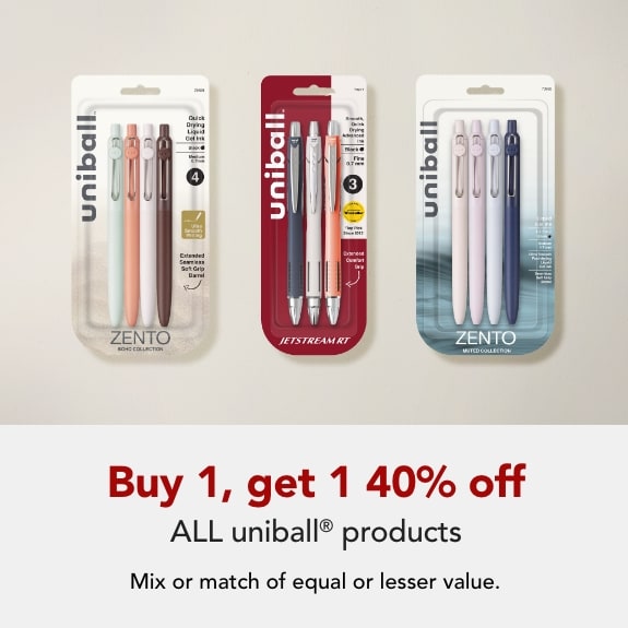 Buy 1 get 1 40% off ALL uniball produucts. Apply coupon code at checkout: UNIBOGO Mix or match of equal or lesser value. Coupon expires 3/28/26.