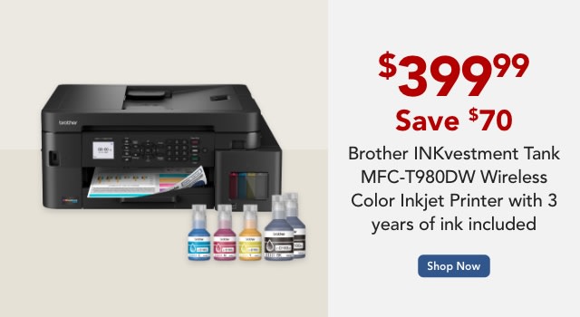 Brother INKvestment Tank MFC-T980DW Wireless Color Inkjet Printer, All-in-One Print/Scan/Copy, 3 Years Ink In-Box(1), Best for small office/business
