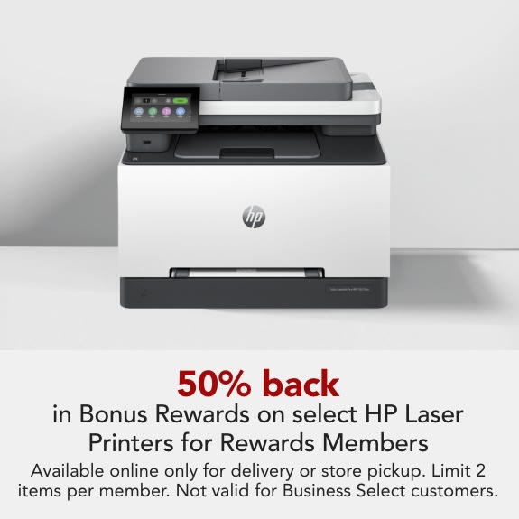 Rewards Members get 50% Back in Bonus Rewards on select HP Laser Printers.