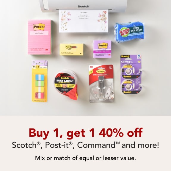 Buy 1 get 1 40% off Post-It, Scotch, Scotch-Brite, 3M, Command, Fiterete and 3M Claw brand products Apply coupon code at checkout: SUPPLY40 Mix or match of equal or lesser value. Coupon expires 3/28/26.