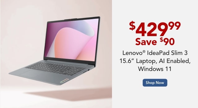  Lenovo IdeaPad Slim 3 Laptop, 15.6” Screen, AMD Ryzen 3, AI Enabled, 8GB Memory, 512GB Solid State Drive, Wi-Fi 6, Windows® 11