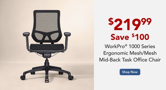 WorkPro® 1000 Series Ergonomic Mesh/Mesh Mid-Back Task Office Chair, Black/Black, BIFMA Compliant