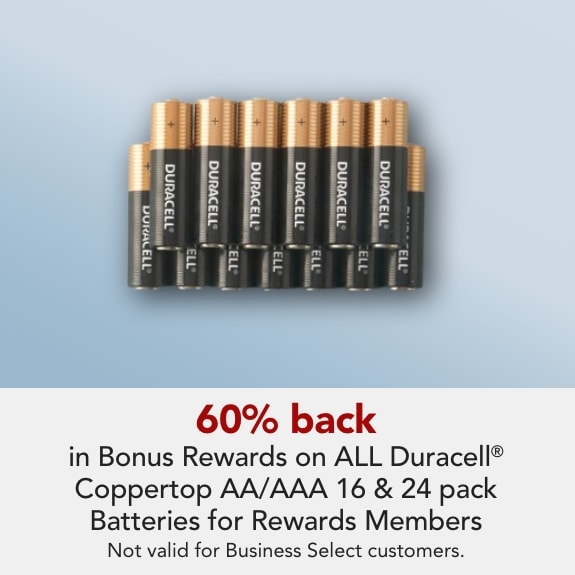Rewards Members get 60% back in Bonus Rewards on select Duracell Coppertop AA/AAA 16 & 24 packs.