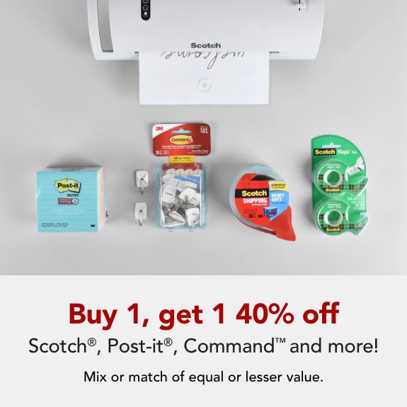 Buy 1 get 1 40% off Scotch®, Post-it®, Command™ & more. Apply coupon code at checkout: SUPPLY40 Mix or match of equal or lesser value. Coupon expires 5/23/26.