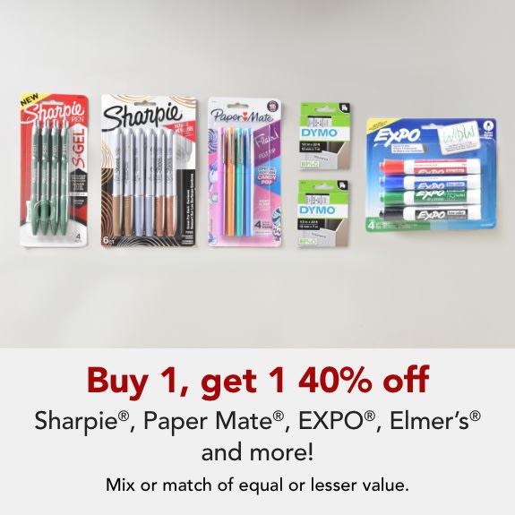 Buy 1 get 1 40% off Sharpie®, Paper Mate®, EXPO®, Elmer's® & more. Apply coupon code at checkout: SUPPLIESBOGO Mix or match of equal or lesser value. Coupon expires 5/23/26.