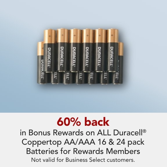 Rewards Members get 60% back in Bonus Rewards on select Duracell Coppertop AA/AAA 16 & 24 packs.