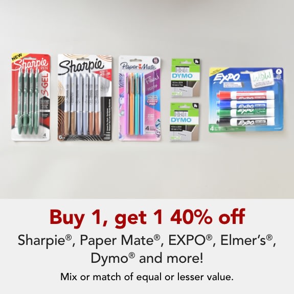 Buy 1 get 1 40% off Sharpie®, Paper Mate®, EXPO®, Elmer's® & more. Apply coupon code at checkout: SUPPLIESBOGO Mix or match of equal or lesser value. Coupon expires 5/23/26.